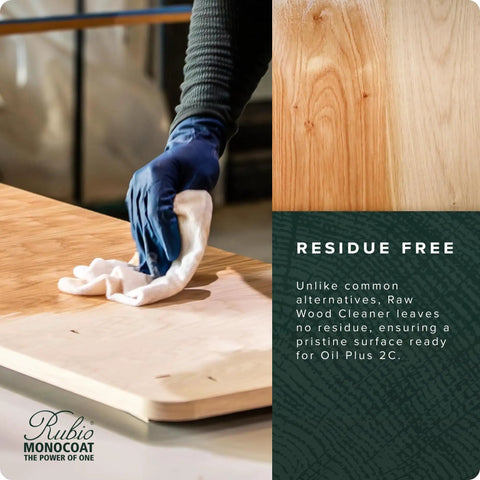 Person using Raw Wood Cleaner For Prep And Finish Electrostatic Dust Removal After Sanding And Vacuuming Cleans Wood Surfaces Before Oil Plus 2C Finish