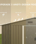 10 Foot By 8 Foot Outdoor Storage Shed With Waterproof Lockable Door Metal Tool Shed With Sliding Door And Ventilation Garden Tool Storage Room showcasing waterproof, sun-proof, and snow-proof features on upgraded roof.