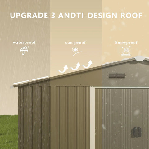 10 Foot By 8 Foot Outdoor Storage Shed With Waterproof Lockable Door Metal Tool Shed With Sliding Door And Ventilation Garden Tool Storage Room showcasing waterproof, sun-proof, and snow-proof features on upgraded roof.
