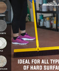Real Deal Heavy Duty Multi Surface Push Broom Featuring Stain Resistant Coarse Polypropylene Bristles And Solid Plastic Block Head For Tough Garage Chores on concrete floor.