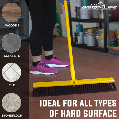 Real Deal Heavy Duty Multi Surface Push Broom Featuring Stain Resistant Coarse Polypropylene Bristles And Solid Plastic Block Head For Tough Garage Chores on concrete floor.