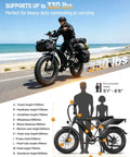Person riding RetroVolt Electric Bike For Adults With 2000W Peak Power By Beach; Fat Tires, Supports 330 lbs, Dimensions Shown