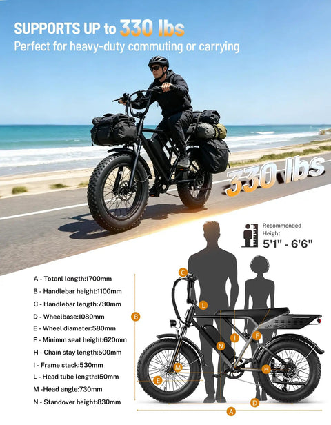 Person riding RetroVolt Electric Bike For Adults With 2000W Peak Power By Beach; Fat Tires, Supports 330 lbs, Dimensions Shown