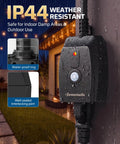 Ultimate Outdoor String Light Dimmer With Hella Smooth Stepless Slider For 10 To 100 Percent Brightness Control and rain on control unit.