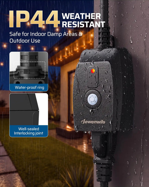 Ultimate Outdoor String Light Dimmer With Hella Smooth Stepless Slider For 10 To 100 Percent Brightness Control and rain on control unit.