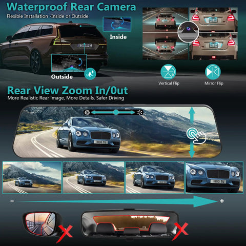 12 Inch 4K Front And Rear Mirror Dash Cam With Crystal Clear Night Vision And Parking Monitor, App WiFi, GPS, 64GB Card, Dual Recording, 4K Front And 2.5K Rear, ADAS BSD LCA Smart Rearview Mirror For Cars showcasing zoom feature and waterproof rear camera.