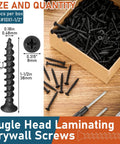 Image of No 10 1-1/2 Inch Collated Drywall Tapping Screws, 335-Piece with black coating, shown in box and as individual pieces on wooden surface.