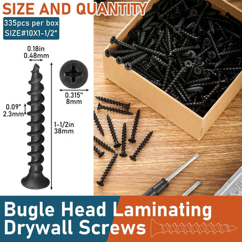 Image of No 10 1-1/2 Inch Collated Drywall Tapping Screws, 335-Piece with black coating, shown in box and as individual pieces on wooden surface.
