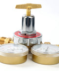 Acetylene Regulator for Welding Gas Replacement Gauge for Torch Cutting Kits CGA 510 Inlet 0 to 400 PSI Outlet 0 to 30 PSI Two and Five Eighths Inch Dial Gauges Plug And Play for Welders shown with two gold dial gauges and brass inlet.