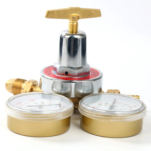 Acetylene Regulator for Welding Gas Replacement Gauge for Torch Cutting Kits CGA 510 Inlet 0 to 400 PSI Outlet 0 to 30 PSI Two and Five Eighths Inch Dial Gauges Plug And Play for Welders shown with two gold dial gauges and brass inlet.