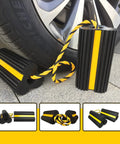 Heavy Duty Rubber Dual Wheel Chocks Set For RVs, Trailers And Trucks, front view, grippy non slip base, yellow reflective tape.