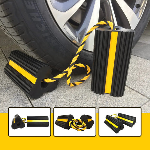 Heavy Duty Rubber Dual Wheel Chocks Set For RVs, Trailers And Trucks, front view, grippy non slip base, yellow reflective tape.
