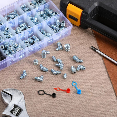 245 Piece Grease Fittings Assortment With SAE And Metric Zerk Fittings One Quarter Inch One Eighth Inch M6 M8 M10 Straight 45 Degree And 90 Degree With Caps For Automotive And Industrial Use Pro Grade Kit displayed with wrench and caps