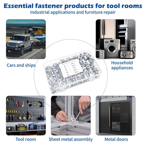 All In One Rivet Nut Tool Kit With 430 Pcs Metric Rivnuts for cars, household appliances, tool rooms, and metal assemblies.