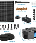 Solar Fountain Pump With Built In 3000mAh Battery Backup And 8W Solar Panel Pond Filter Kit components displayed.
