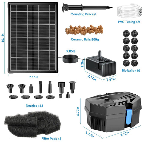 Solar Fountain Pump With Built In 3000mAh Battery Backup And 8W Solar Panel Pond Filter Kit components displayed.
