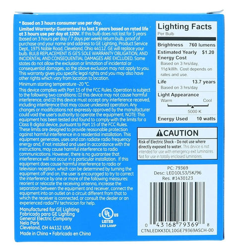 Back of packaging showing lighting facts for Bright Stik 10 Watt LED Replacement Bulbs 760 Lumens Daylight 5000K 3 Pack.