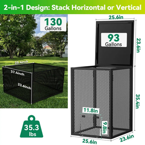 Heavy Duty 2 In 1 Outdoor Compost Bin With Lid, Large 93/130 Gallon Garden Waste Cage, Galvanized Steel Perforated Panels