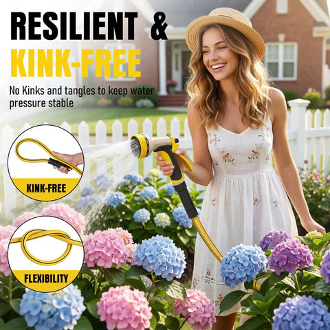 50 Ft Five Eighth Inch Heavy Duty Built To Last Garden Hose With Nozzle Flexible Lightweight Kink Resistant Hybrid Hose With Swivel Handle in yard