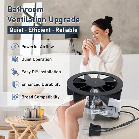 Direct Drop In Replacement Bathroom Exhaust Fan Motor Kit For 50 CFM Quiet Ventilation With Blower Wheel and woman in robe