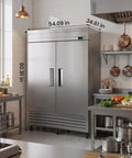 Commercial Reach In Freezer 42 Cubic Foot Upright 54 Inch Wide with two solid doors in a modern kitchen.