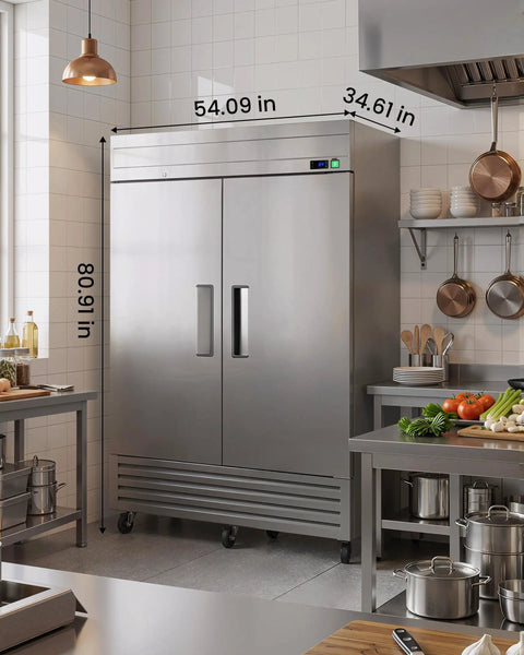 Commercial Reach In Freezer 42 Cubic Foot Upright 54 Inch Wide with two solid doors in a modern kitchen.