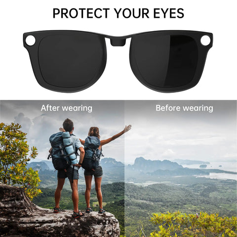 Polarized Clip On Sunglasses For Ray Ban Meta Wayfarer RW4006 And Gen 2 RW4012 Regular 50 22 Matte Black Frame Discoloration Clip Protect Your Eyes With UV Blocking And Clear Vision showing outdoor glare reduction effect with landscape