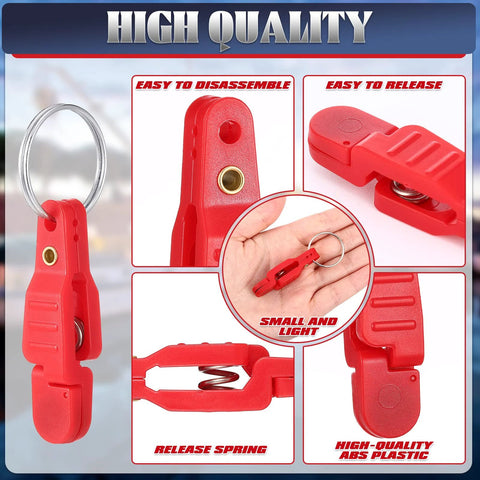 Honoson red heavy-tension snap-release clip with key ring; ABS plastic fishing accessory shown from front/side/close-up
