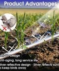 1640 Ft Five Eighth Inch Drip Tape Kit With Six Inch Emitter Spacing, Eight Mil Thick PE Tubing, shown in garden with bird deterrent