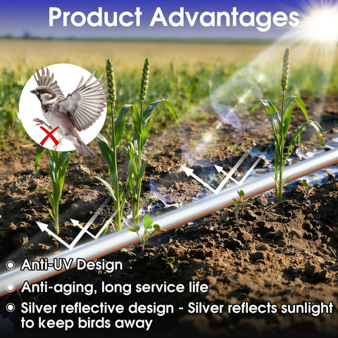 1640 Ft Five Eighth Inch Drip Tape Kit With Six Inch Emitter Spacing, Eight Mil Thick PE Tubing, shown in garden with bird deterrent