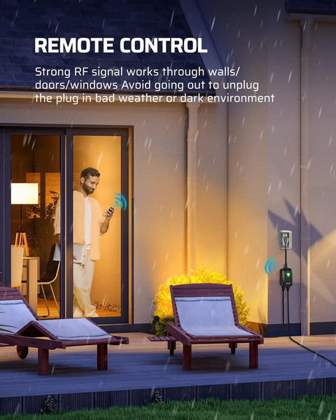 Man using remote for wireless outdoor outlet with remote control during rain on patio with lounge chairs.