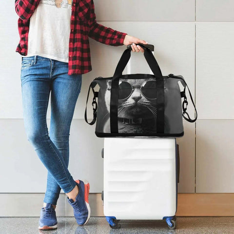 Person holding Waterproof Sports Gym Bag With Dry Wet Compartment And Shoe Storage, Large Capacity Duffel, Gray Cat With Sunglasses Design.