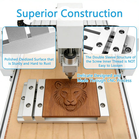 Compact Low Profile Bench Vise Work Table Clamp for Desktop CNC Routers holding lion engraving on Masuter 3 Pro series.