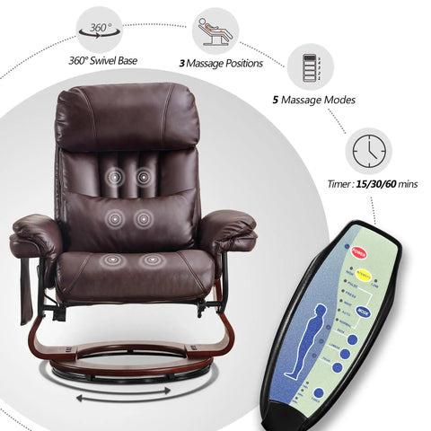 Swivel Recliner With Ottoman And Vibration Massage, Faux Leather TV Chair For Small Spaces, RV, Living Room Or Bedroom