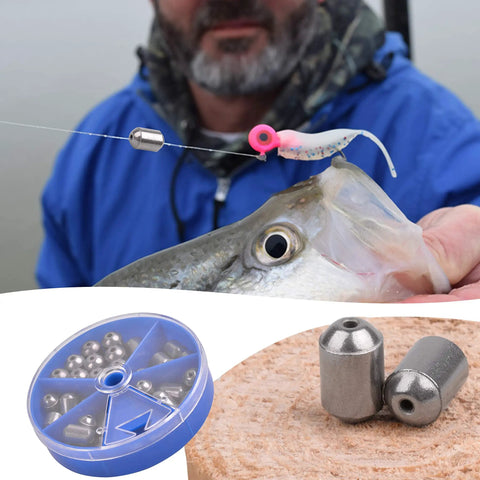 Egg Sinker Weights Set Thirty Pcs Fishing Sinkers Assortment With Tackle Box For Saltwater And Freshwater Fishing Bass Drop Casting Weights Durable Corrosion Resistant Oval Sinker Kit with tackle box and fish caught using sinker.
