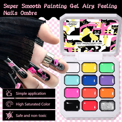 All In One 12 Color Patting Gel Polish Kit With Ombre Gel Palette Brush Silicone Patting Pen Nail Art Stickers And UV LED Curing For Gradient Nails Ideal For At Home DIY Manis, featuring open 12-color palette and nail art