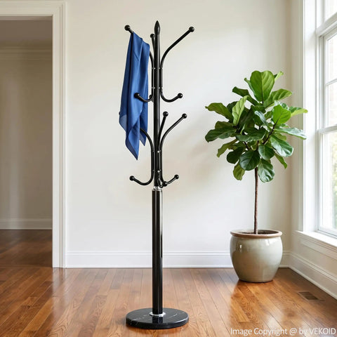 Heavy Duty Standing Coat Rack With Marble Base And 12 Metal Hooks Freestanding Coat Tree 130 Lb Capacity Black Finish