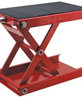 Beefy Wide Motorcycle Scissors Jack With 14 Inch Lift, 1000 Lb Capacity, red steel frame with rubber platform pad