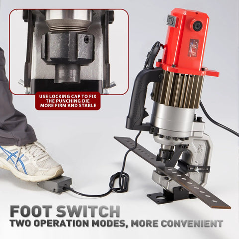 Beefy 25T Electric Hydraulic Hole Puncher With Five Dies 1700W Copper Motor Rugged Punch Tool For Metal Up To 12mm Thick Red CPM25 Ideal For Sheet Metal And Channel Work, foot switch view
