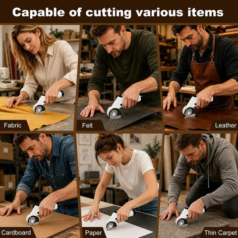 Top Rated Cordless Electric Scissors With 4 Speed Settings And Five Spare Blades cutting fabric, felt, leather, cardboard, paper, and thin carpet.