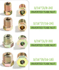 Front/side view of gold copper-nickel inverted brake line nuts for 3/16 in brake line.