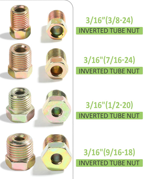 Front/side view of gold copper-nickel inverted brake line nuts for 3/16 in brake line.
