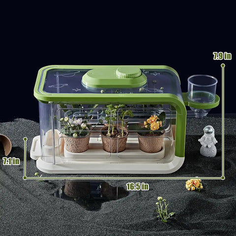 Kid Friendly Garden Grow Kit With Drip Irrigation And Grow Lights Mini Greenhouse Terrarium Set with measured dimensions