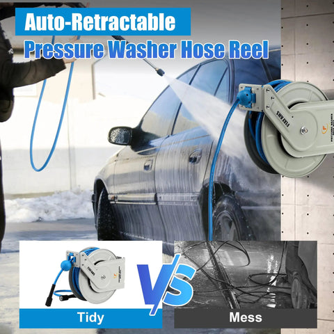 Pressure Washer Hose Reel With Retractable Hose, Sixty Foot Long One Quarter Inch Core, auto rewind in use on car