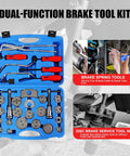 Heavy Duty Brake Tool Set 32 Pieces Caliper And Drum Tools Including Pliers Installer Remover Retainer Thrust Bolt Adapters Retaining Plates And 24 Disc Brake Tools For Caliper Service displayed in blue ABS case
