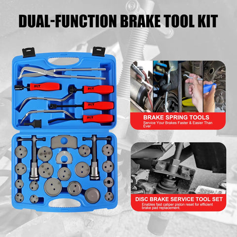 Heavy Duty Brake Tool Set 32 Pieces Caliper And Drum Tools Including Pliers Installer Remover Retainer Thrust Bolt Adapters Retaining Plates And 24 Disc Brake Tools For Caliper Service displayed in blue ABS case