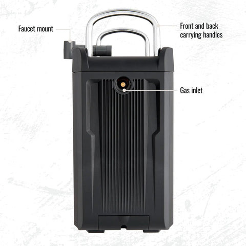 Back view of Propane Water Heater And Rechargeable Portable Outdoor Shower System showing faucet mount and gas inlet