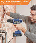 Man using a cordless drill on a brick wall, highlighting High Hardness-HRC 60+2 for wear resistance and reduced bending.