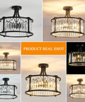 Six Light Black Semi Flush Mount Crystal Chandelier Modern Ceiling Light Fixture shown from multiple angles