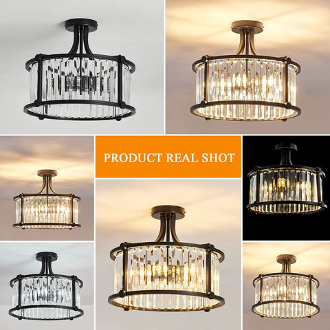 Six Light Black Semi Flush Mount Crystal Chandelier Modern Ceiling Light Fixture shown from multiple angles